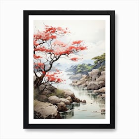 Rikugien Garden In Tokyo, Japanese Brush Painting, Ukiyo E, Minimal 2 Art Print