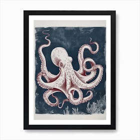 Retro Linocut Octopus With Blue Background 2 Art Print