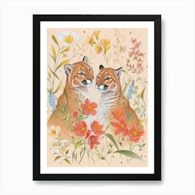 Folksy Floral Animal Drawing Mountain Lion Art Print