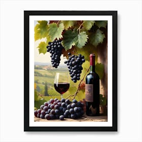 Vines,Black Grapes And Wine Bottles Painting (13) Art Print