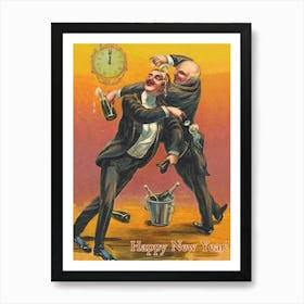 Two Drunk Men Celebrating A New Year, Funny Holiday Poster Art Print