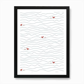 Wavy Ocean Lines with Hidden Whales Red Blue White Art Print