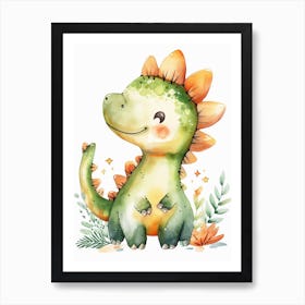Cute Cartoon Stegosaurus Dinosaur Watercolour 2 Art Print
