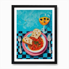 Spaghetti & A Cocktail Blue Checkered Painting Art Print