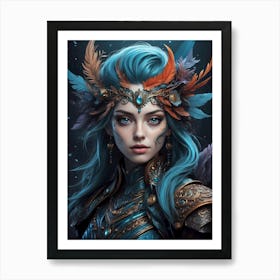 Blue Haired Girl With Feathers Art Print