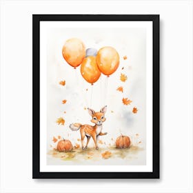 Deer Flying With Autumn Fall Pumpkins And Balloons Watercolour Nursery 3 Art Print