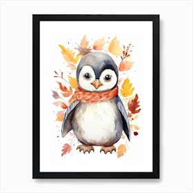 A Penguin Watercolour In Autumn Colours 0 Art Print