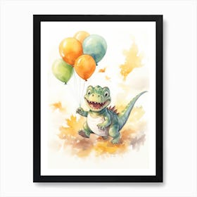 Dinosaur T Rex Flying With Autumn Fall Pumpkins And Balloons Watercolour Nursery 2 Art Print