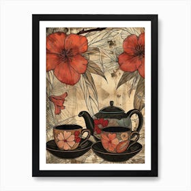Watercolour Floral Teapot & Cups 3 Art Print