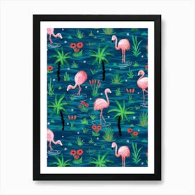 Pink Flamingos in the Water of a Tropical Island - Deep Blue Art Print