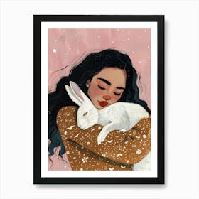 Girl Hugging Rabbit Art Print