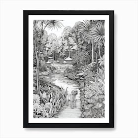 Drawing Of A Dog In Royal Botanic Gardens, Kandy Sri Lanka In The Style Of Black And White Colouring Pages Line Art 04 Art Print
