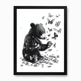 Malayan Sun Bear Cub Playing With Butterflies Ink Illustration 2 Art Print