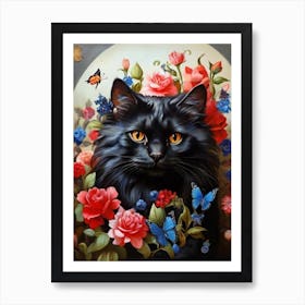 Black Cat With Butterflies 1 Art Print