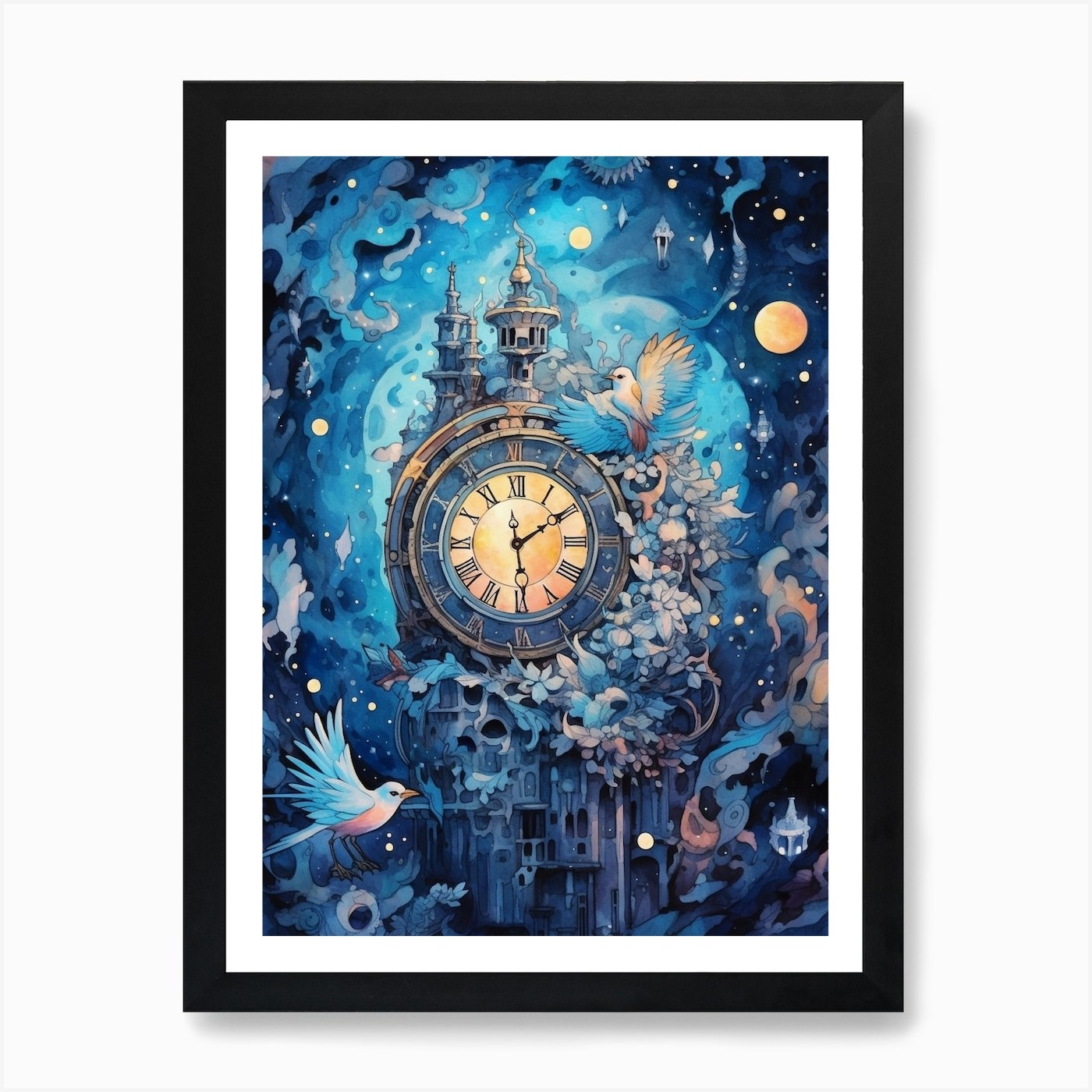 Watercolour Space Clock Celestial 7 Framed Wall Art Poster Canvas Print Picture - Picture 2 of 4