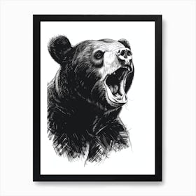 Malayan Sun Bear Growling Ink Illustration 3 Art Print