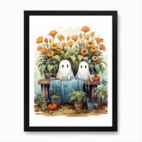 Cute Bedsheet Ghost, Botanical Halloween Watercolour 126 Art Print