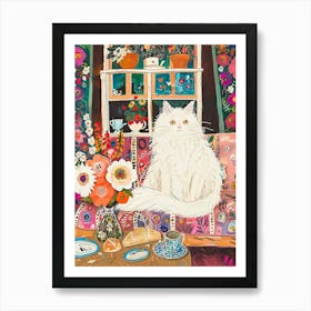 Tea Time With A White Fluffy Cat 4 Art Print