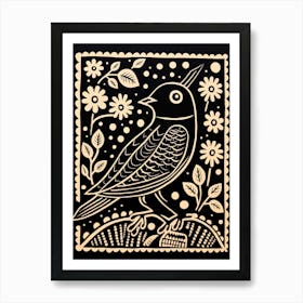 B&W Bird Linocut Bluebird 4 Art Print