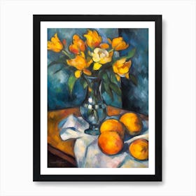 Flower Vase Freesia With A Cat 3 Impressionism, Cezanne Style Art Print