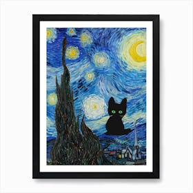 The Starry Night, Vincent Van Gogh  Style With Black Cat Portrait Art Print