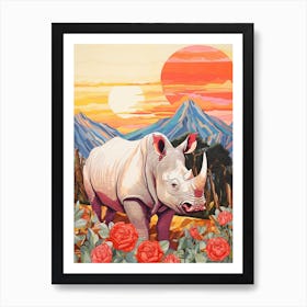 Patchwork Floral Rhino With Mountain In The Background 3 Art Print