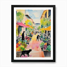 Food Market With Cats In Saint Tropez 4 Watercolour Art Print