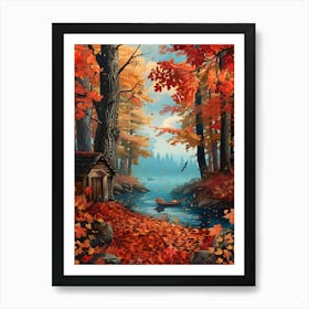 Fall Autumn Fall Leaves Cabin Art Print