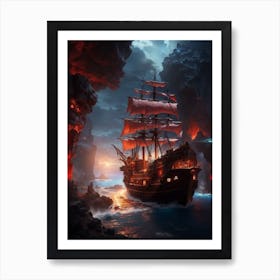 Pirate Ship In The Cave Print Art Print