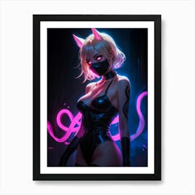 Sexy cat girl with neko charm, cat ears, and pink neon. Cute, erotic anime woman. Neon cosplay fantasy, a beautiful Japanese female body. Art Print