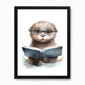 Smart Baby Otter Wearing Glasses Watercolour Illustration 2 Art Print