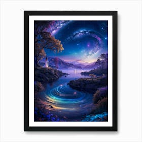 A fantasyy neon landscape of an alien world. The Milky Way and planets shine bright in the cosmos. Nature and sea meet in this galaxy. Art Print