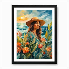 Bohemian Woman In A Hat Orange Flowers Marigold Aqua Sunset Sunrise Art Print
