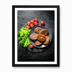 Cutlets with cherry tomatoes — Food kitchen poster/blackboard, photo art Art Print