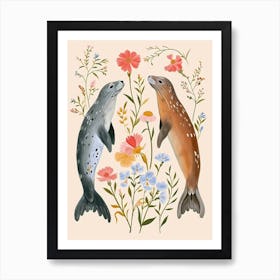 Folksy Floral Animal Drawing Harp Seal 2 Art Print