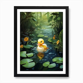 Cartoon Duckling Swimming With Water Lilies 3 Art Print