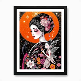 Geisha And Elf - Color Illustration Art Print