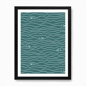 Wavy Ocean Lines with Hidden Whales Teal Blue White Art Print