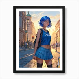 Blue Haired Girl With An Expression Of Cheerfulness Sportswear Adorns Her Athletic Frame As She Sta Art Print