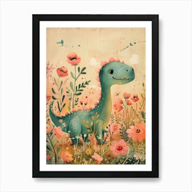 Cute Dinosaur In A Meadow Storybook Painting 2 Art Print