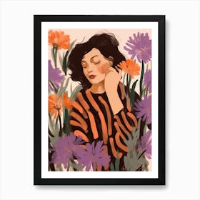 Woman With Autumnal Flowers Lavender 2 Art Print