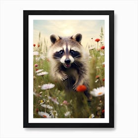 Cute Funny Guadeloupe Raccoon Running On A Field 2 Art Print