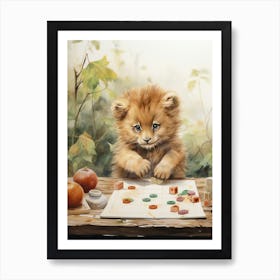 Playing Games Watercolour Lion Art Painting 3 Art Print