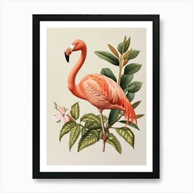 American Flamingo And Croton Plants Minimalist Illustration 3 Art Print