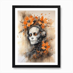 Robot Abstract Orange Flowers Painting (13) Art Print