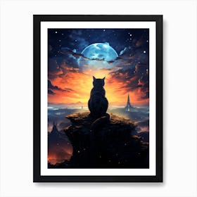 Cat Watching The Moon Art Print