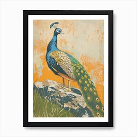 Blue Mustard Peacock Portrait On A Rock 1 Art Print