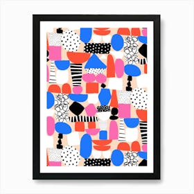 Pink, Red, Blue Paper Cut Out and Doodle Mod Art Collage Art Print