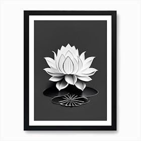 Blooming Lotus Flower In Pond Black And White Geometric 2 Art Print
