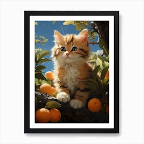 A little kitten climbs up a tree with oranges. 9 Art Print